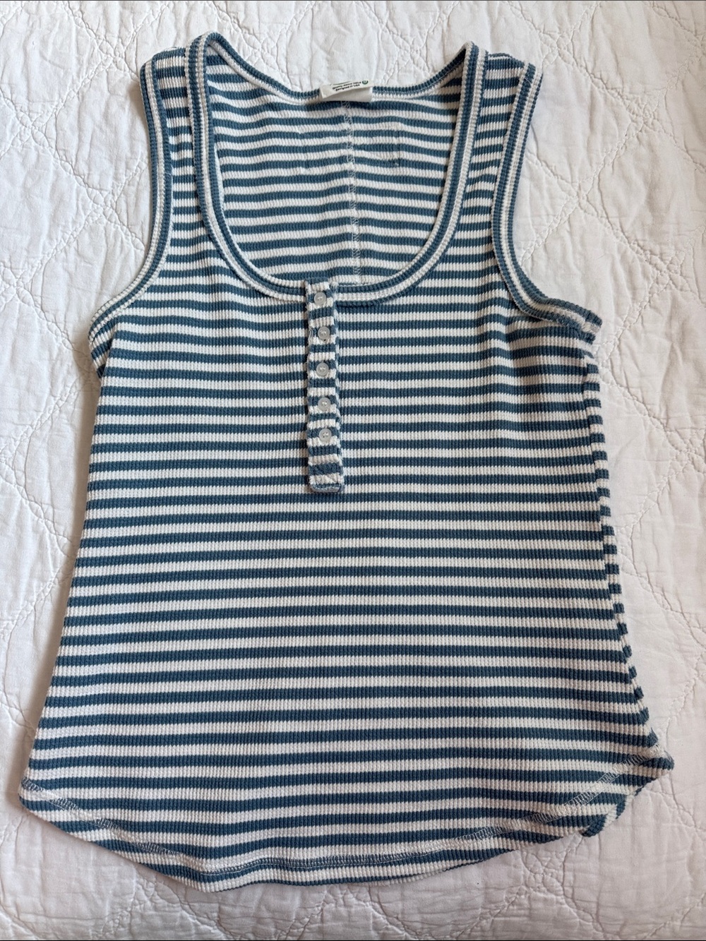 Striped Blue & White Ribbed Henley Tank Top